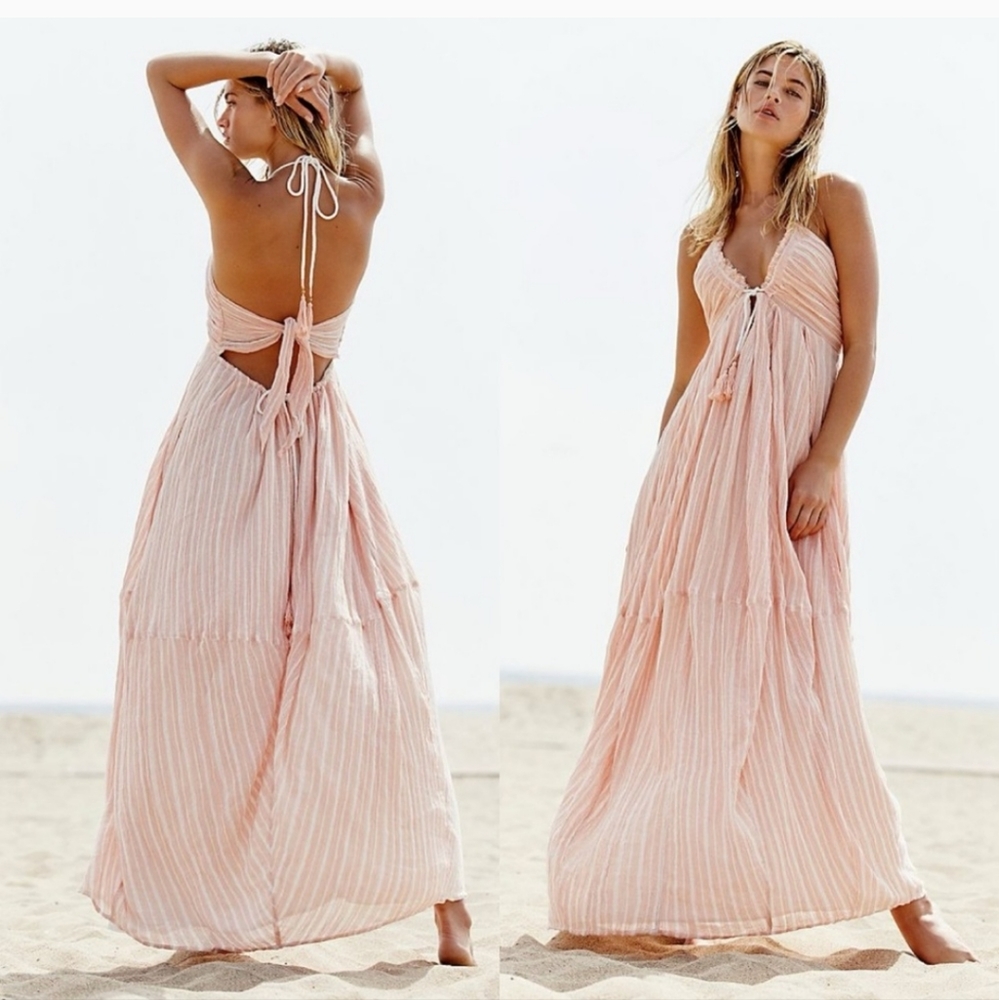 Free People Make A Splash Summer Peach Retro Stripe Dress